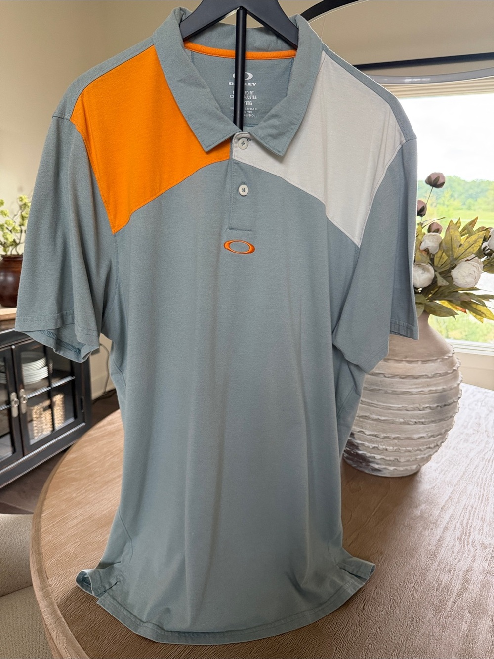 Oakley Men’s Colorblock Polo —  Gray with Orange & Cream Panels